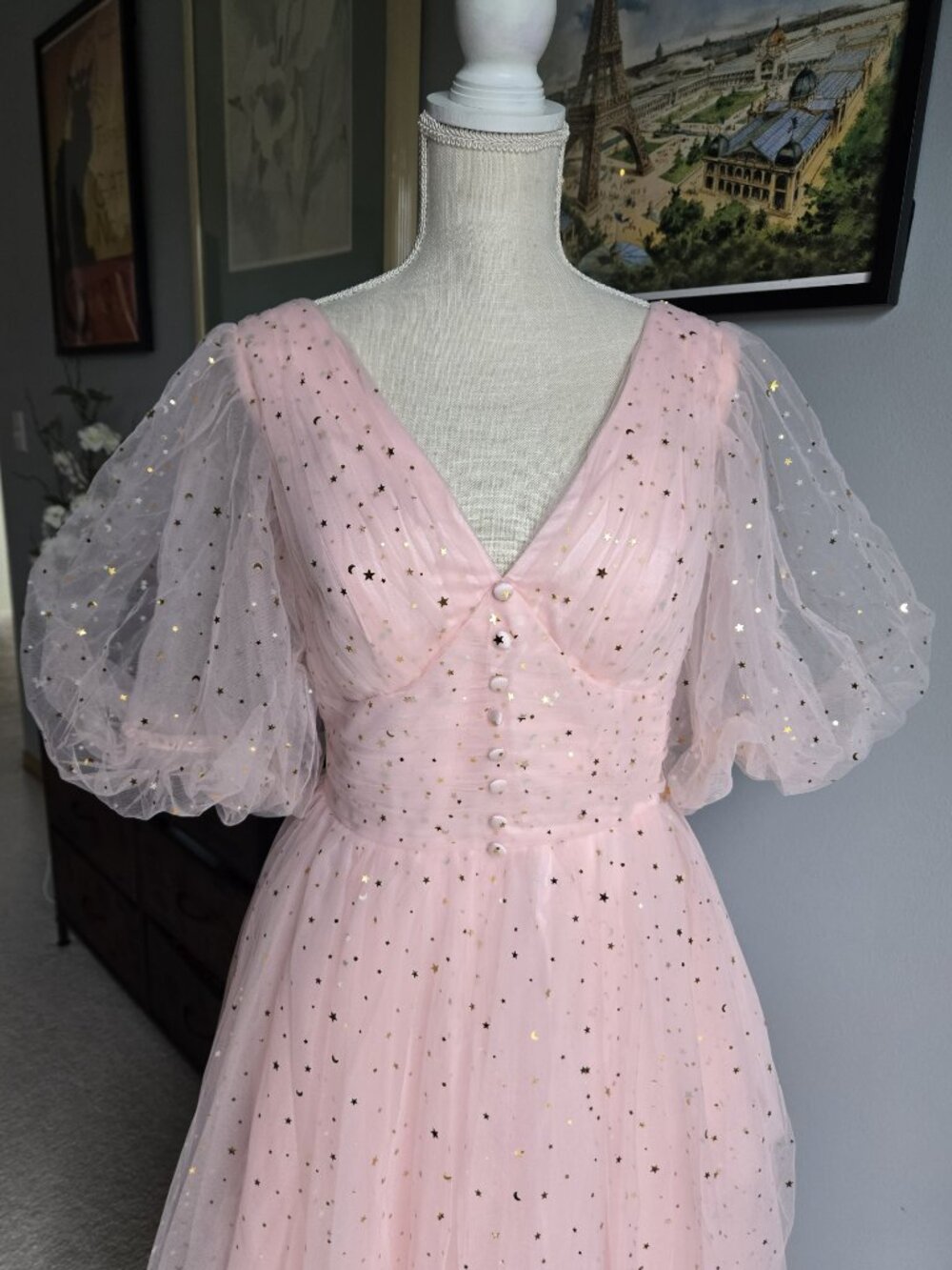 NEW Pink starry tulle prom dress Tea length V-neck Lace-up, Size 8